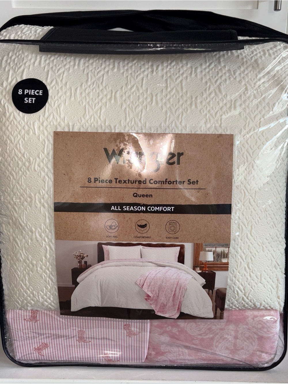 Wrangler Textured Comforter Set in White with Pink Accents